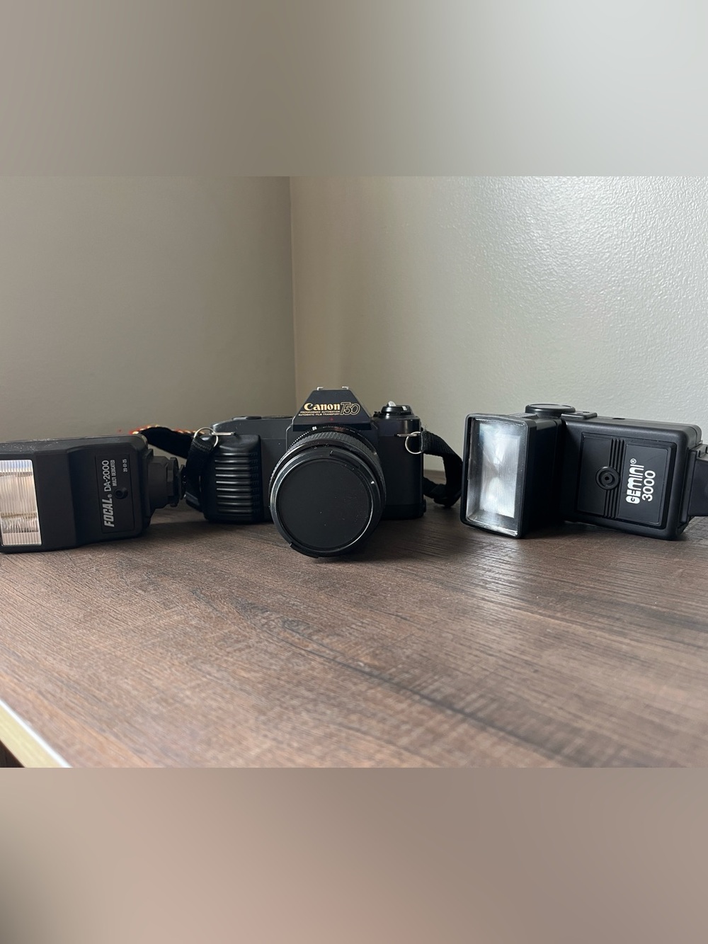 Canon T50 35 mm film camera
Focal DA-2000 Flash Gemini 3000 flash vintage